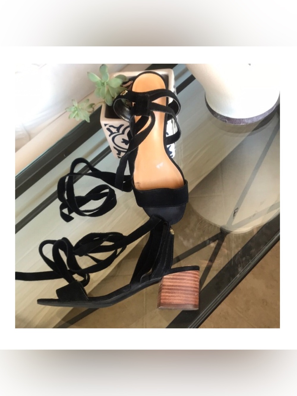 TOMMY HILFIGER black ZIM‎ shoes size 6 , suede, stacked heels, ankle straps